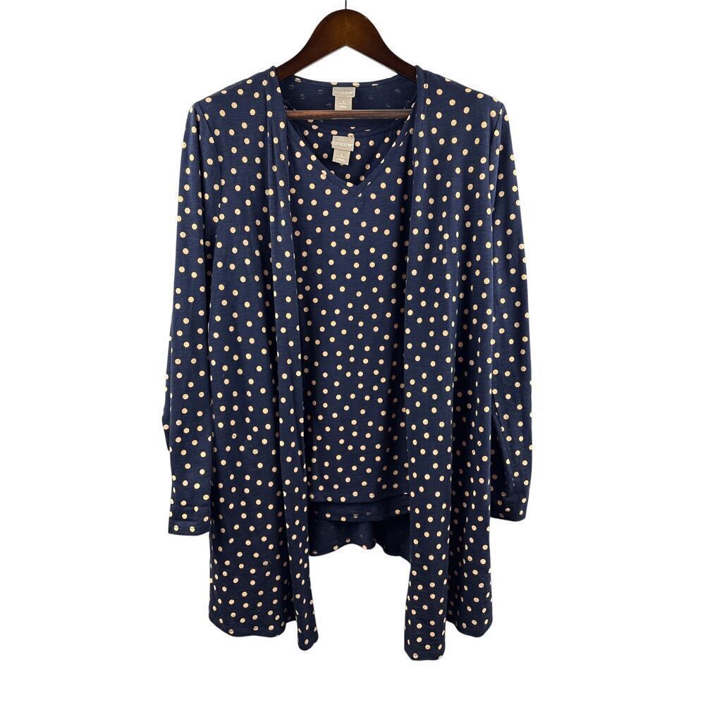 Women’s Chico’s Size 2 Navy Blue Tank & Sweater Set w/ Tan Polka Dot